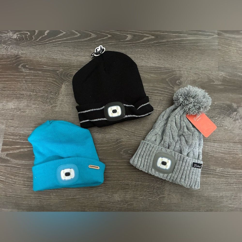 Adults LED Light Head Lamp Beanie Winter Hat Set - Black, Blue, and Gray